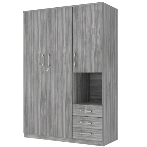 Grey Wooden Armoire Wardrobe with 6-Tier Shelves and 3 Drawers W85882
