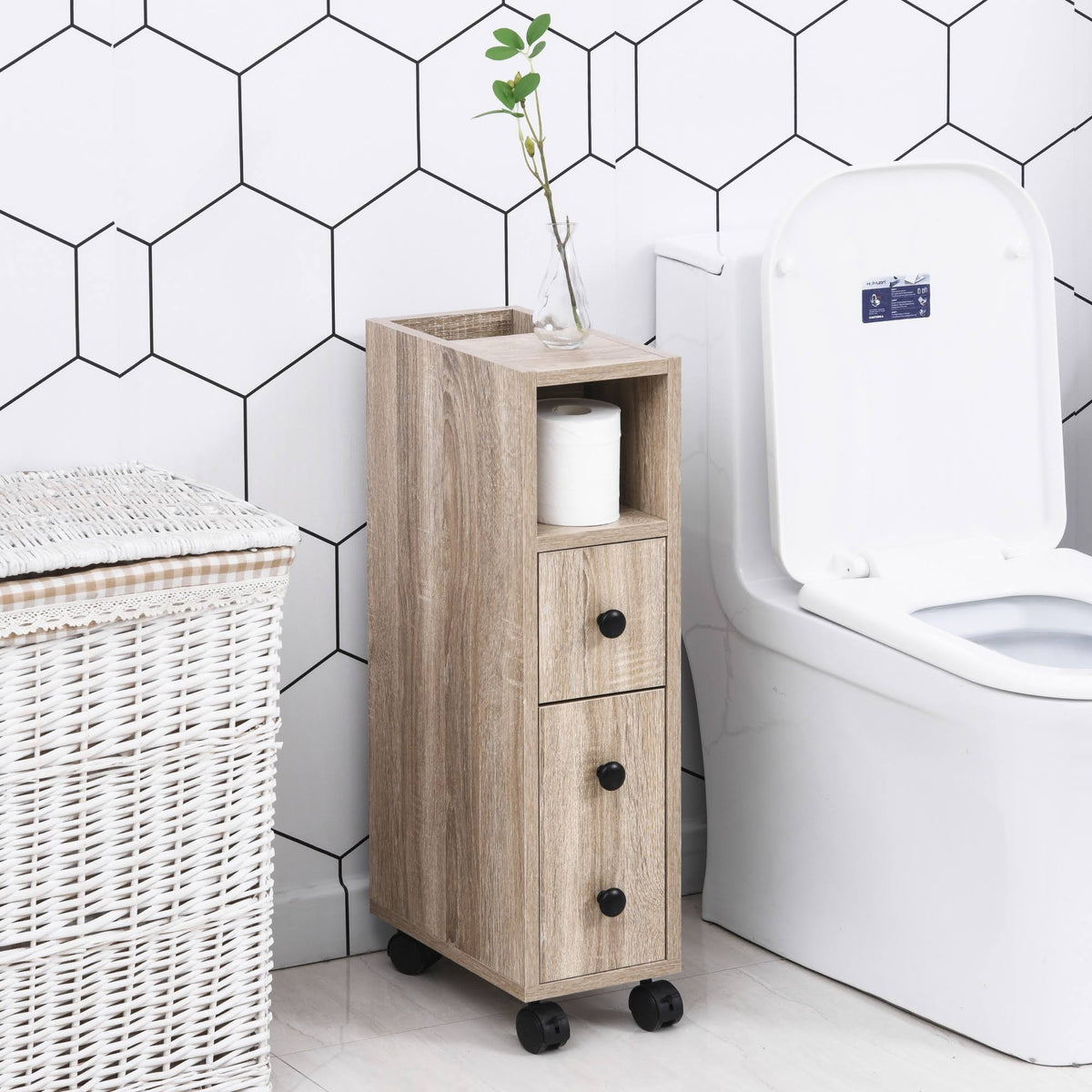 Freestanding Bathroom Cabinet with 2 Open Cabinets, 1 Door Cabinet, 1 Drawer and 4 Rolling Wheels L7199