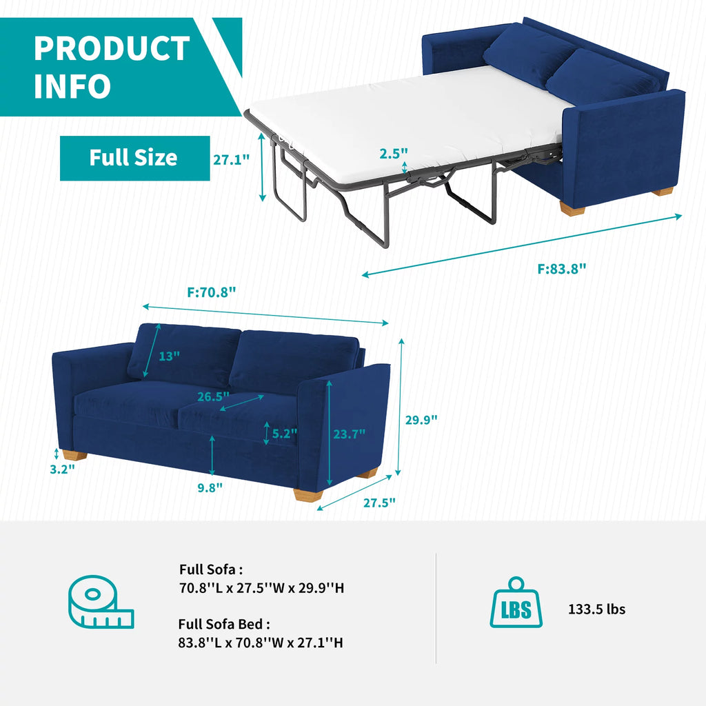 Blue Velvet Pull Out Sofa Bed with Foam Mattress O743