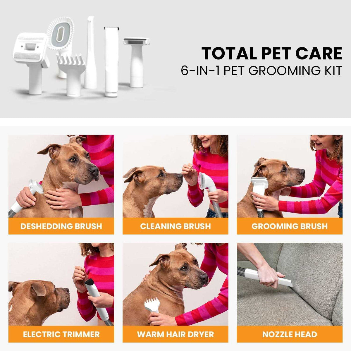 3-in-1 Pet Grooming Kit Vacuum Suction Dryer Clipper 6 Tools 4L Dust J832