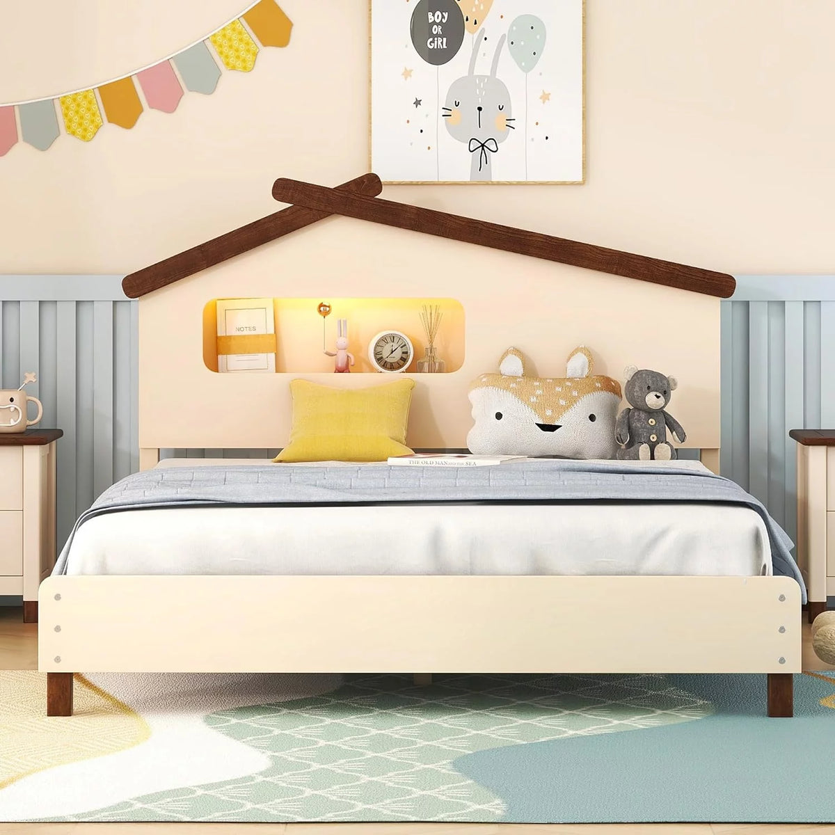 Full Size Wood Platform Bed with House-Shaped Headboard and Night Lights Q8298
