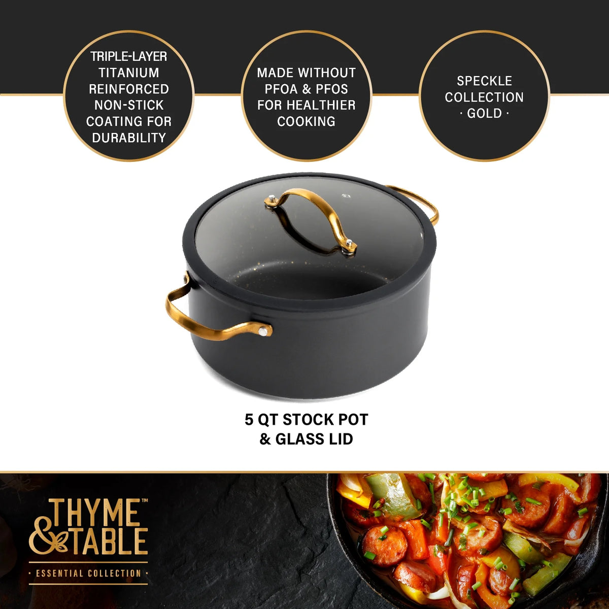 Non-Stick 5 QT Stock Pot with Glass Lid, Black & Gold H413