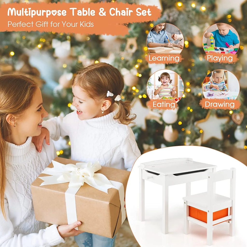 White Kids Table and Chair Set with Storage J433625
