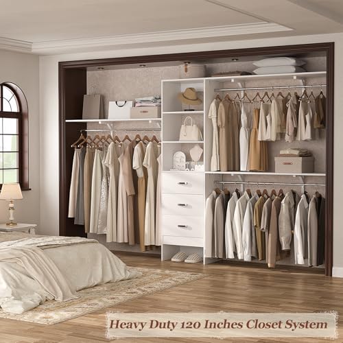 120 Inches Closet System with 3 Shelving Towers, Heavy Duty Clothes Rack with 3 Drawers, White Oak W164915