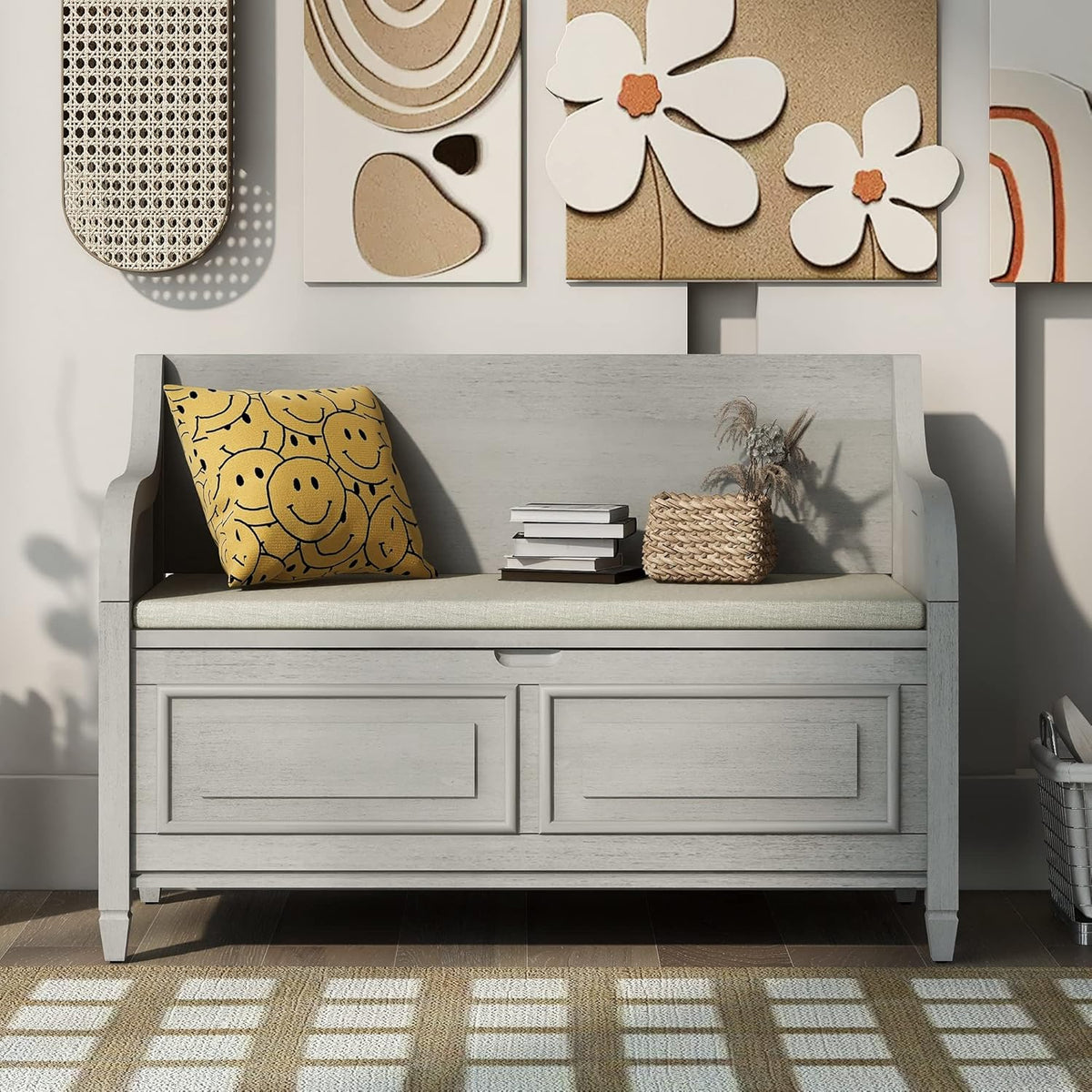 Rustic Storage Bench with Backrest and Hidden Storage, Gray Wash+Beige S6317