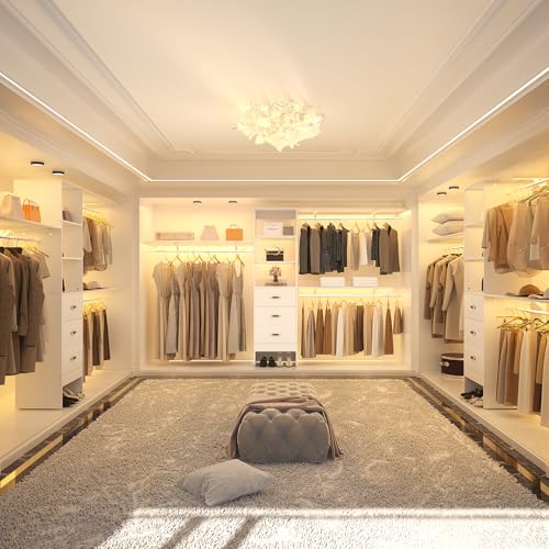 120 Inches Closet System with 3 Shelving Towers, Heavy Duty Clothes Rack with 3 Drawers, White Oak W164915