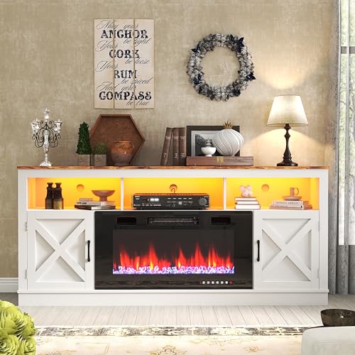 Grey 70 Inch TV Stand with Electric Fireplace and Barn Door Cabinet V91171