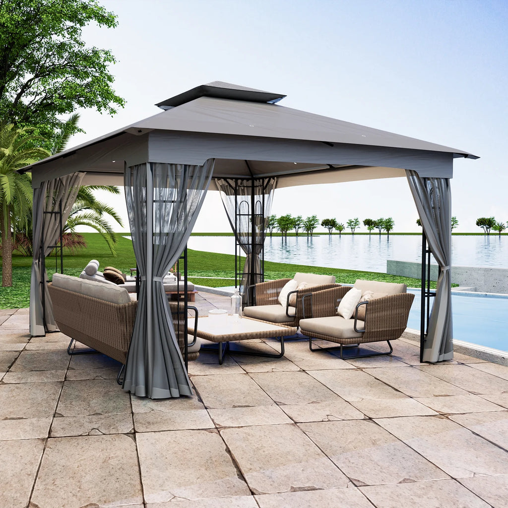 13x11 Metal Patio Gazebo with Mesh Privacy Curtains X92188
