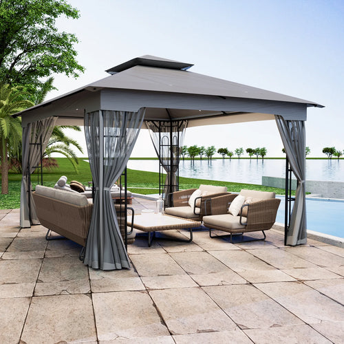 13x11 Metal Patio Gazebo with Mesh Privacy Curtains X92188