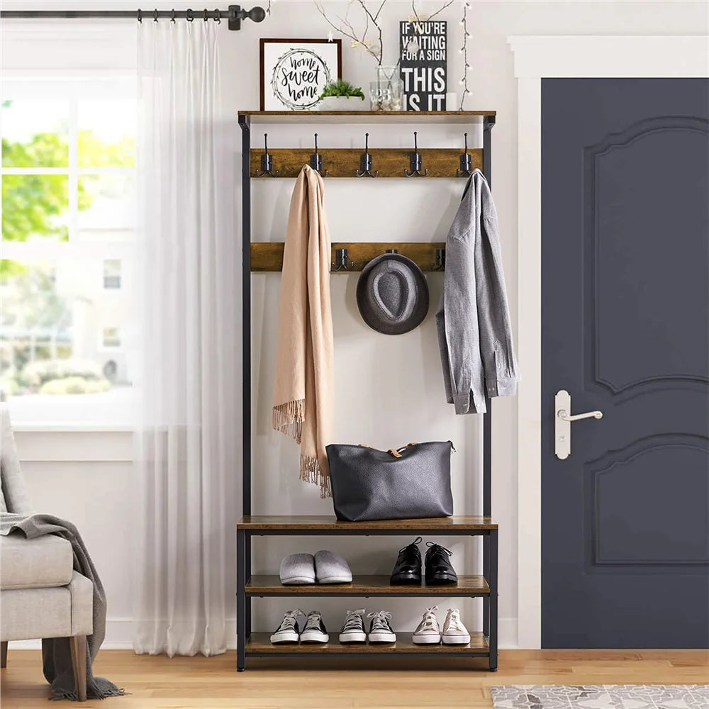Rustic Brown 3-in-1 Industrial Hall Tree with Shoe Storage & Hooks G610643