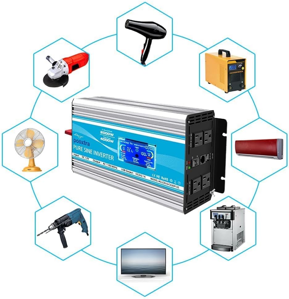 2000 Watt Pure Sine Wave Power Inverter 12V DC to 110V AC with LCD Display USB Port 4 AC Outlets R7298