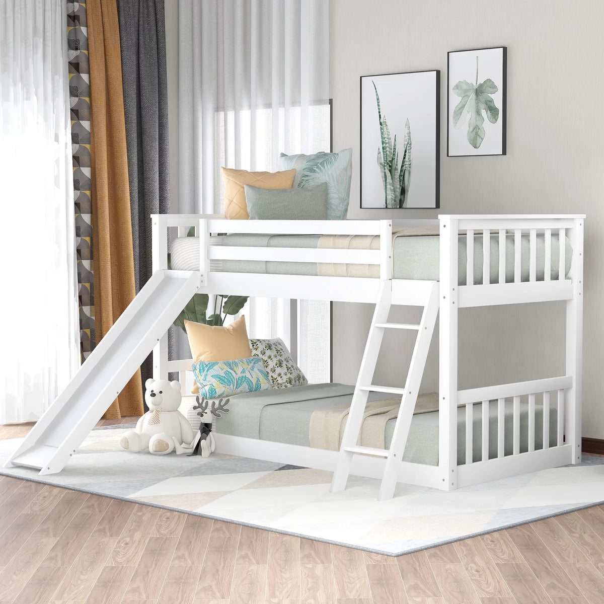 Twin over Twin Solid Wood Bunk Bed with Slide and Ladder V844613