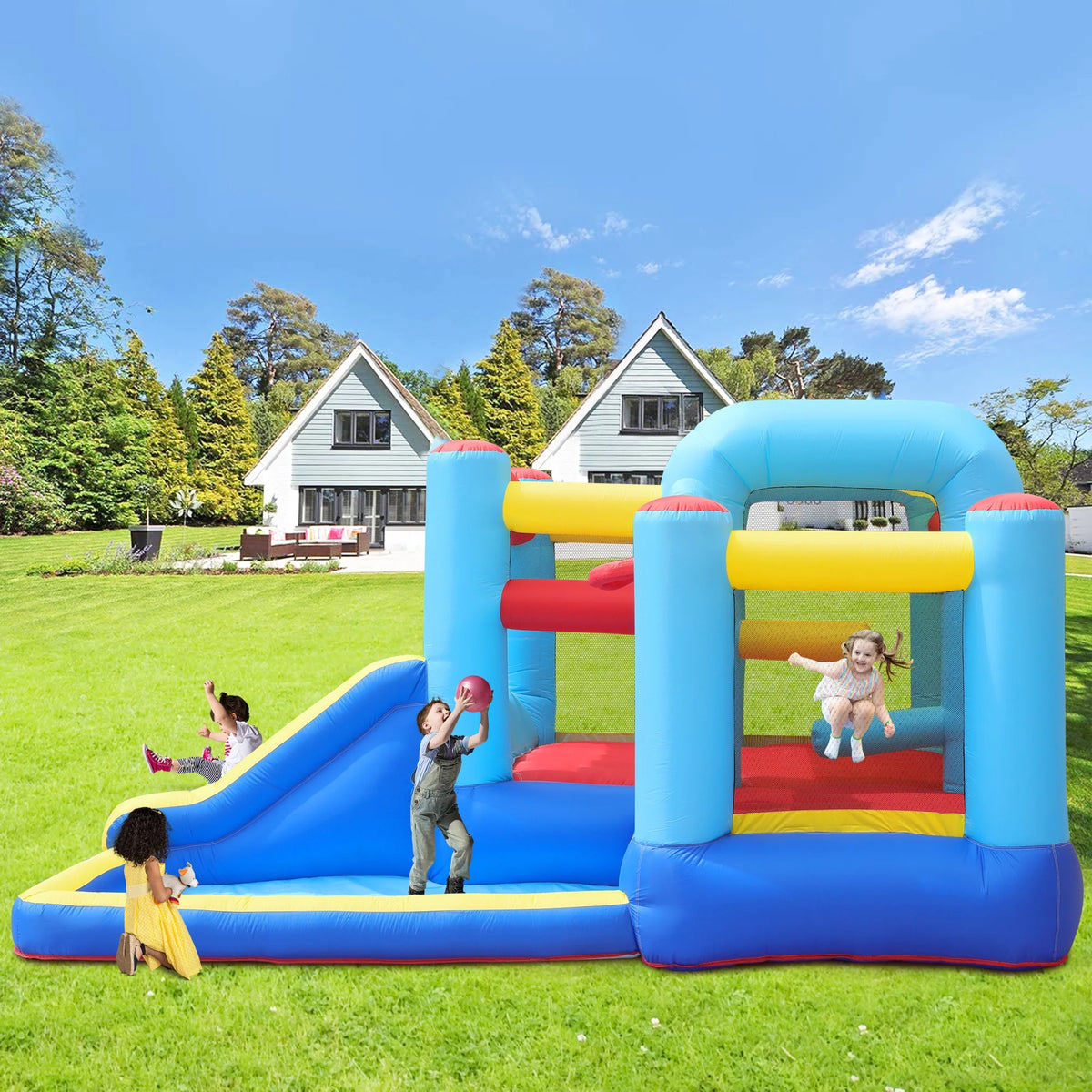 Inflatable Water Slide Bounce House with Splash Pool & Basketball Rim D959