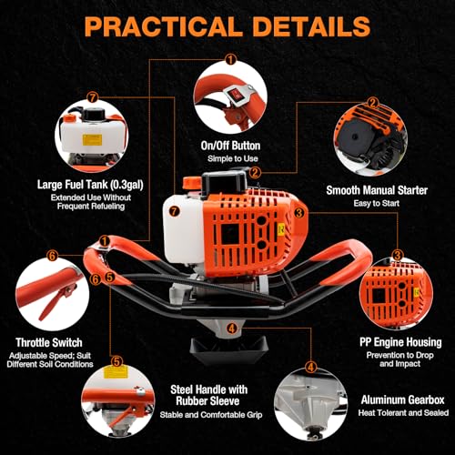 52cc 1700W Gas Powered Auger Post Hole Digger with 3 Drill Bits Z36850