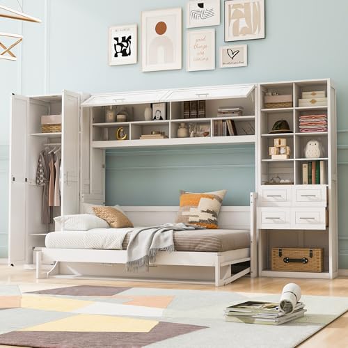 Gray Queen Size Murphy Bed with 5 Drawers and Storage Shelves B5746