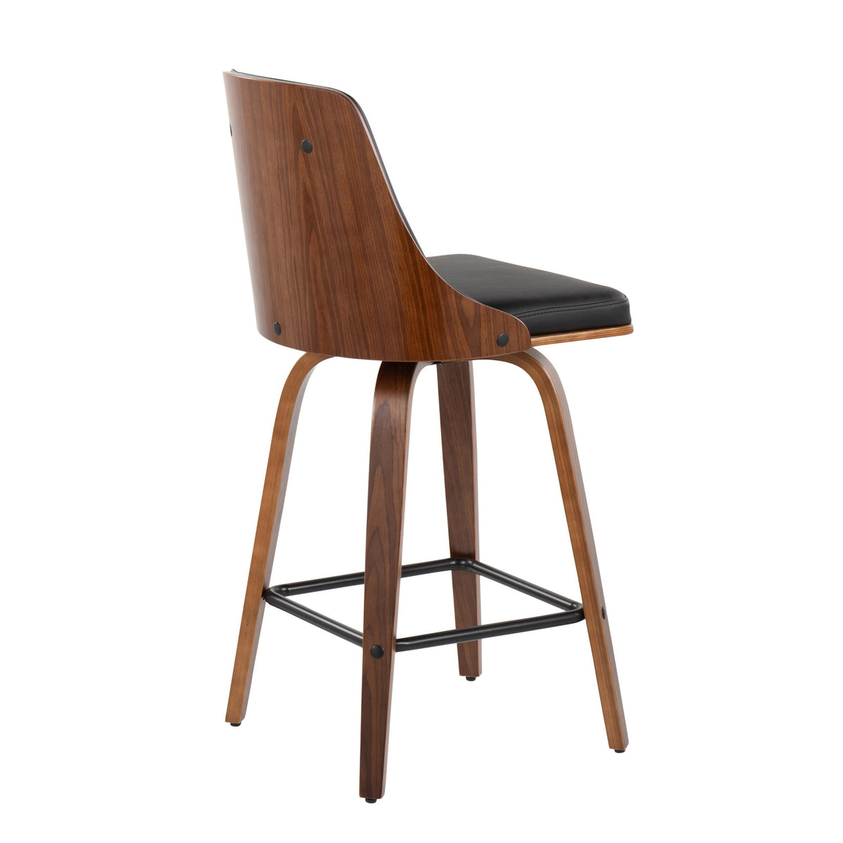 26" Mid-Century Modern Counter Stool in Walnut with Black Faux Leather, Set of 2 R4964