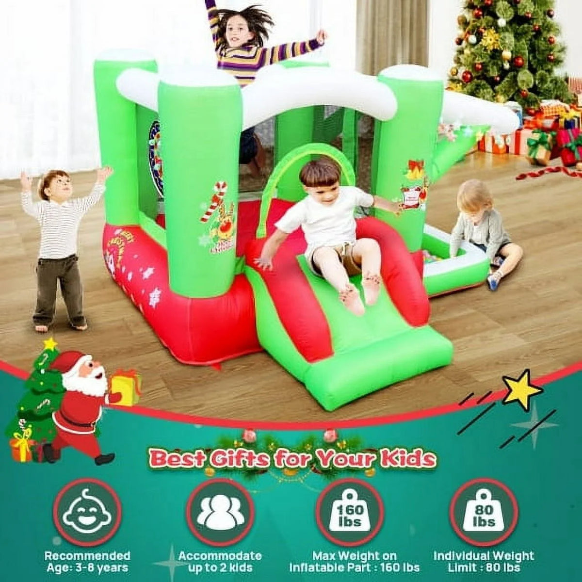 Christmas Jump 'n Slide Inflatable Bouncer with Blower, 80" x 91" Play Area, 55" Tall R168