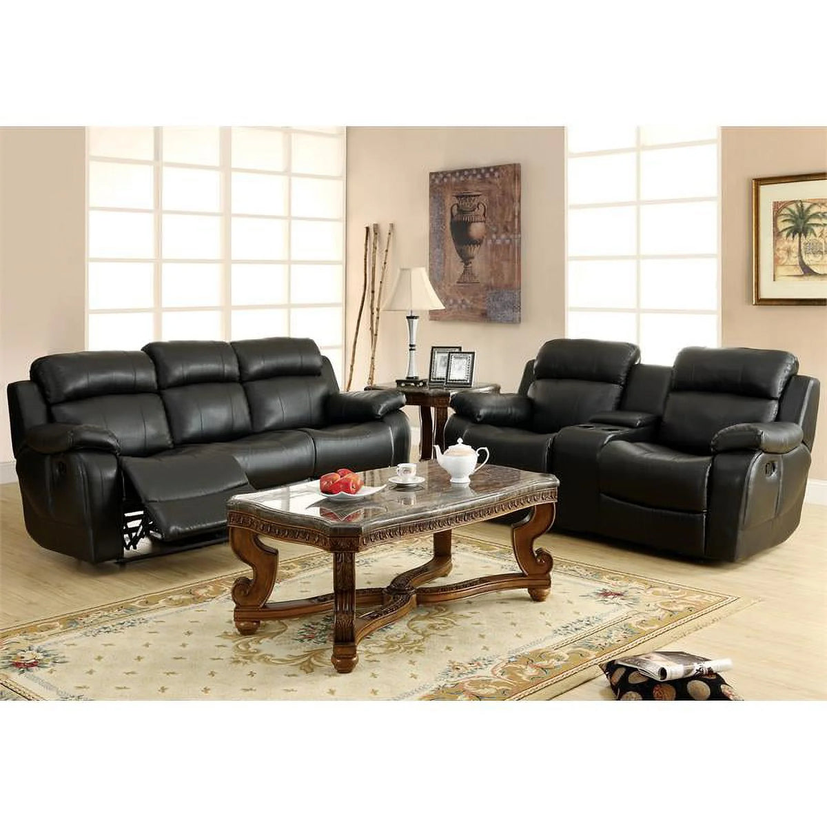 Black Faux Leather Double Glider Reclining Loveseat Q165