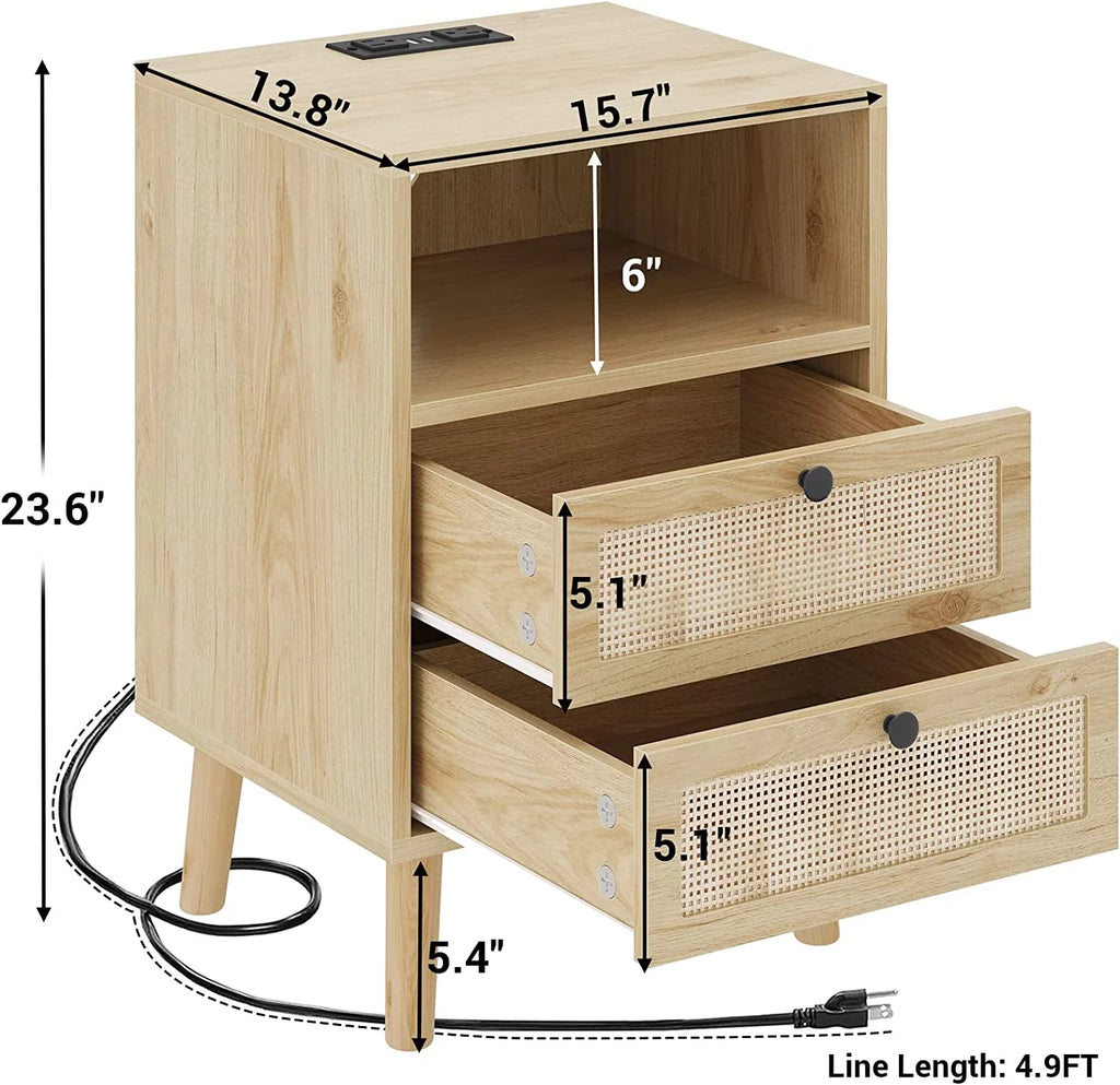 Black Wood Nightstand with 2 Rattan Drawers and USB Ports L480