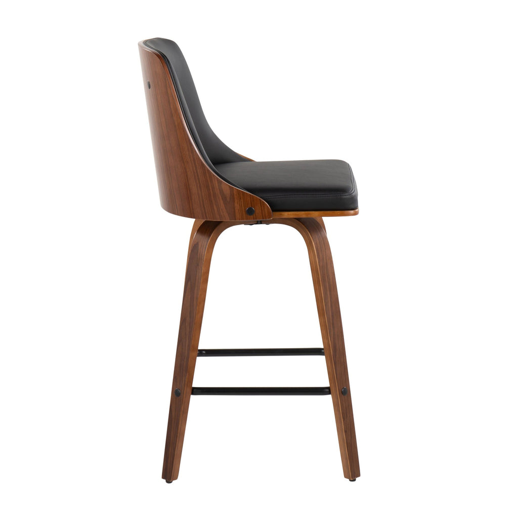 26" Mid-Century Modern Counter Stool in Walnut with Black Faux Leather, Set of 2 R4964
