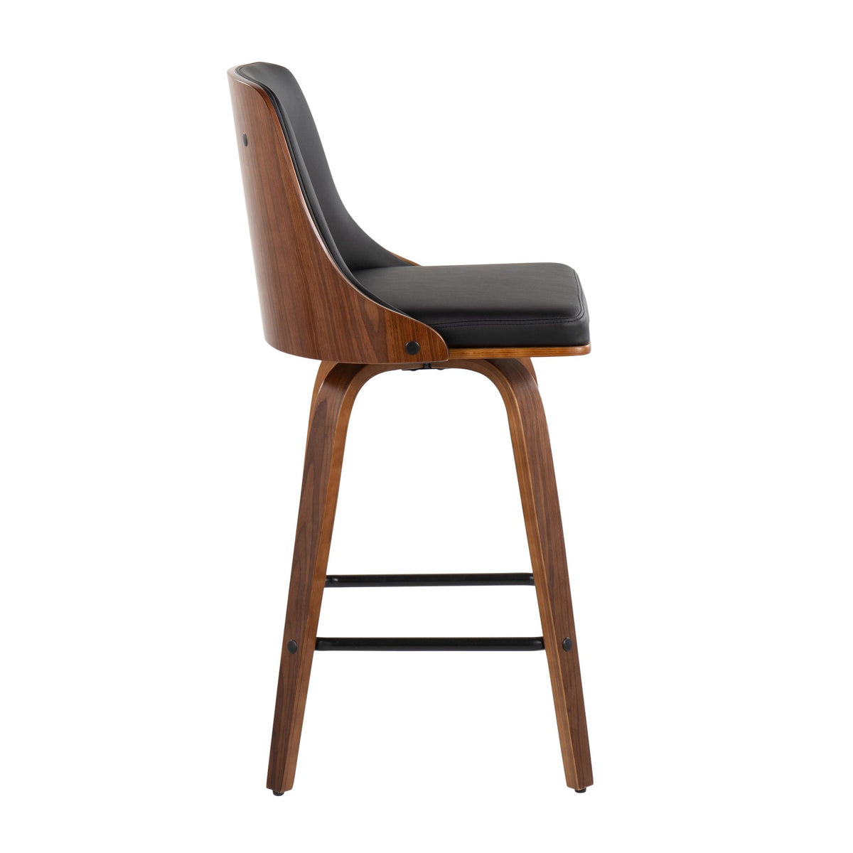 26" Mid-Century Modern Counter Stool in Walnut with Black Faux Leather, Set of 2 R4964