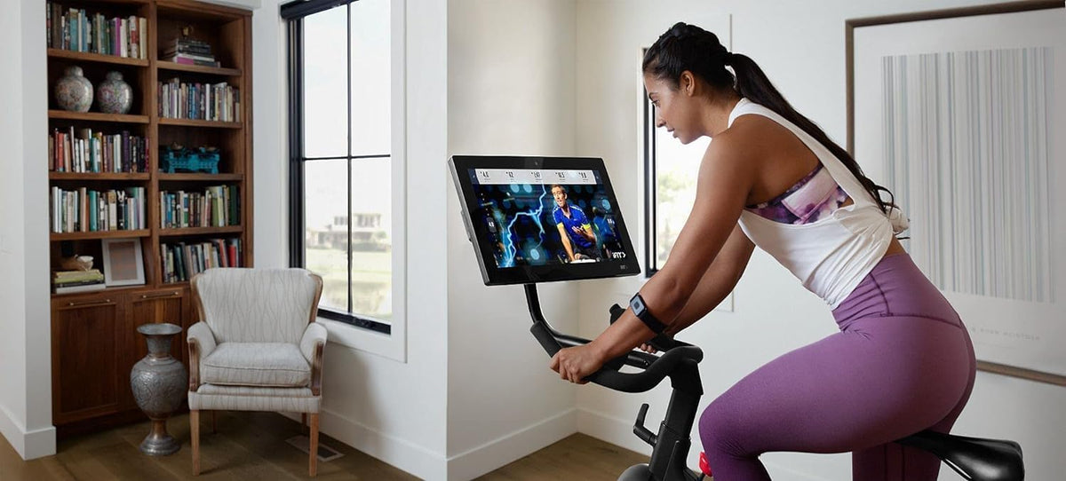 22” HD Touchscreen Exercise Bike with 24 resistance levels, Two 3 lb dumbbells, Black U329128