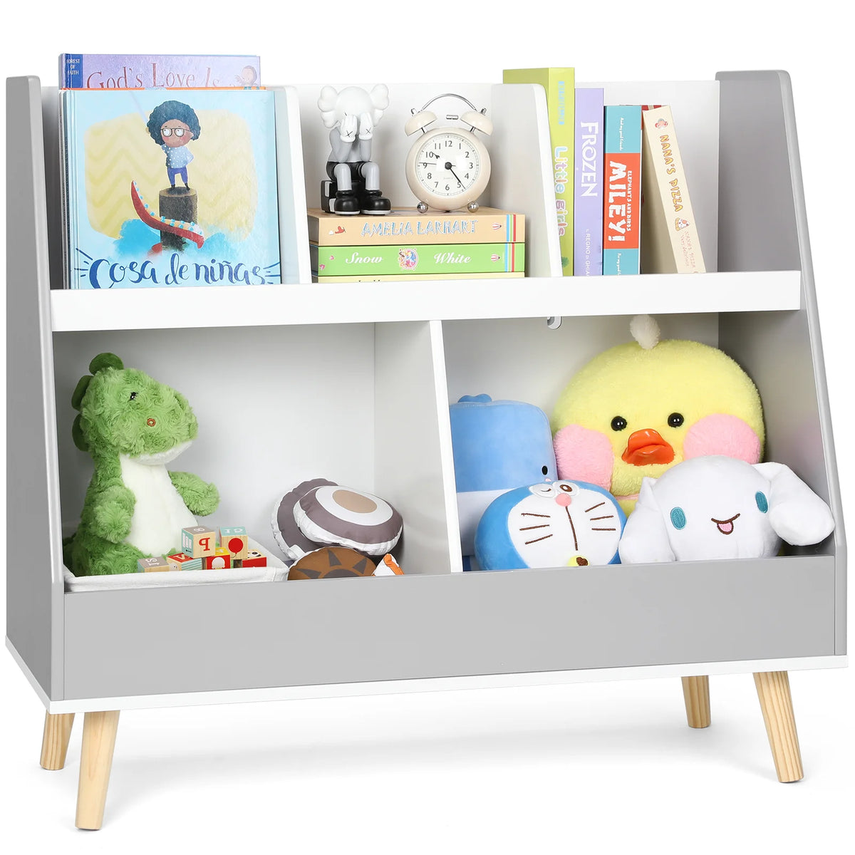 Kids Bookshelf with 3 Removable Toy Bins and 4 Tier Display Stand White L62811