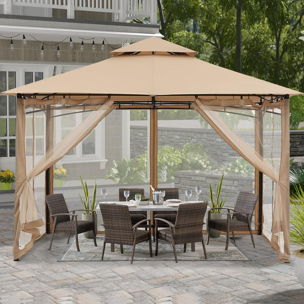 10x10 Gazebo with Netting, Khaki S502