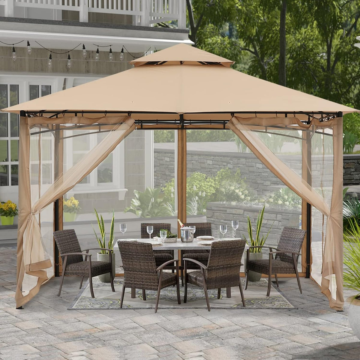 10x10 Gazebo with Netting, Khaki S502