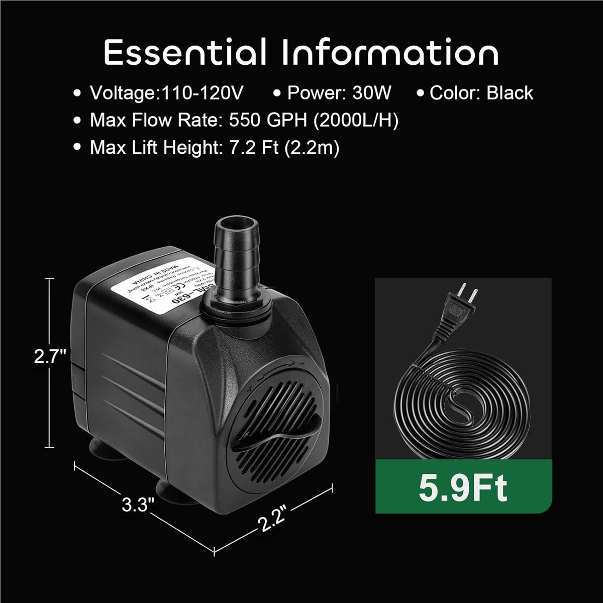 550GPH Submersible Pump with 3 Nozzles Black H9598