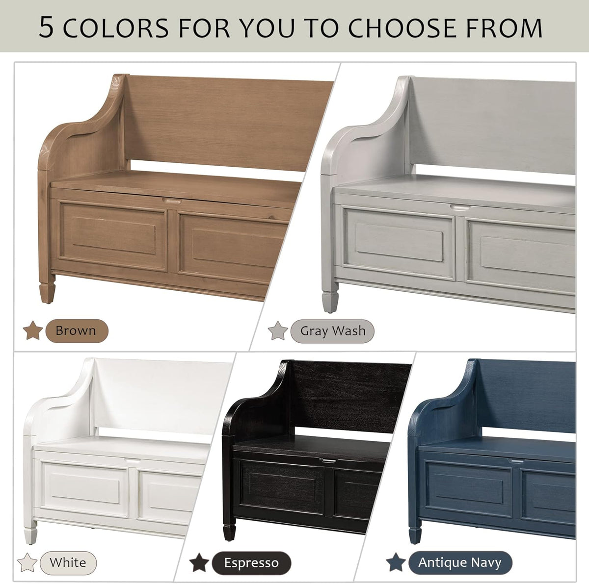 Rustic Storage Bench with Backrest and Hidden Storage, Gray Wash+Beige S6317
