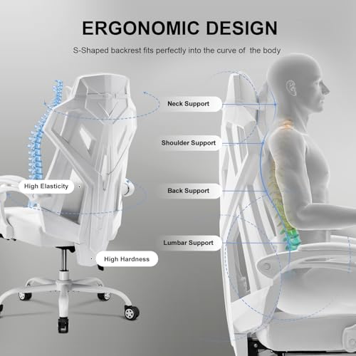 White Mesh Back Gaming Chair with Footrest V338