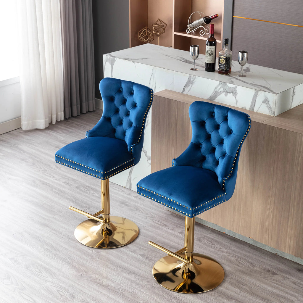 Blue Velvet Swivel Bar Stools Set Of 2 Adjustable Counter Height I954544