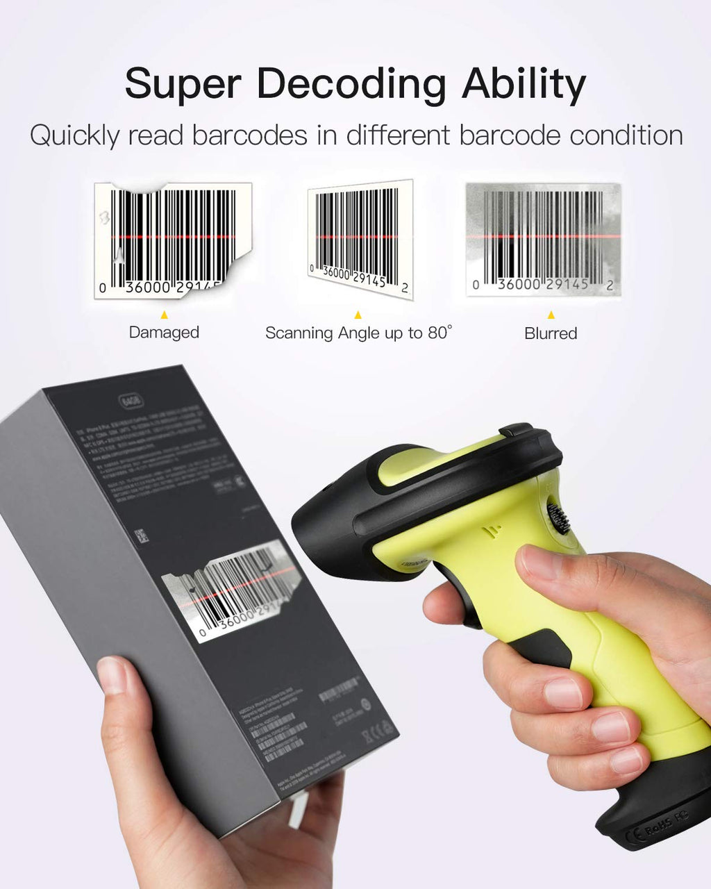 Wireless Barcode Scanner, 2600mAh Battery, 35M Range, Pack of 2 H359419