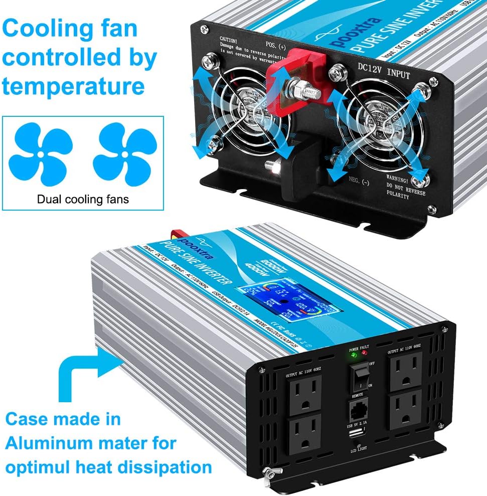 2000 Watt Pure Sine Wave Power Inverter 12V DC to 110V AC with LCD Display USB Port 4 AC Outlets R7298