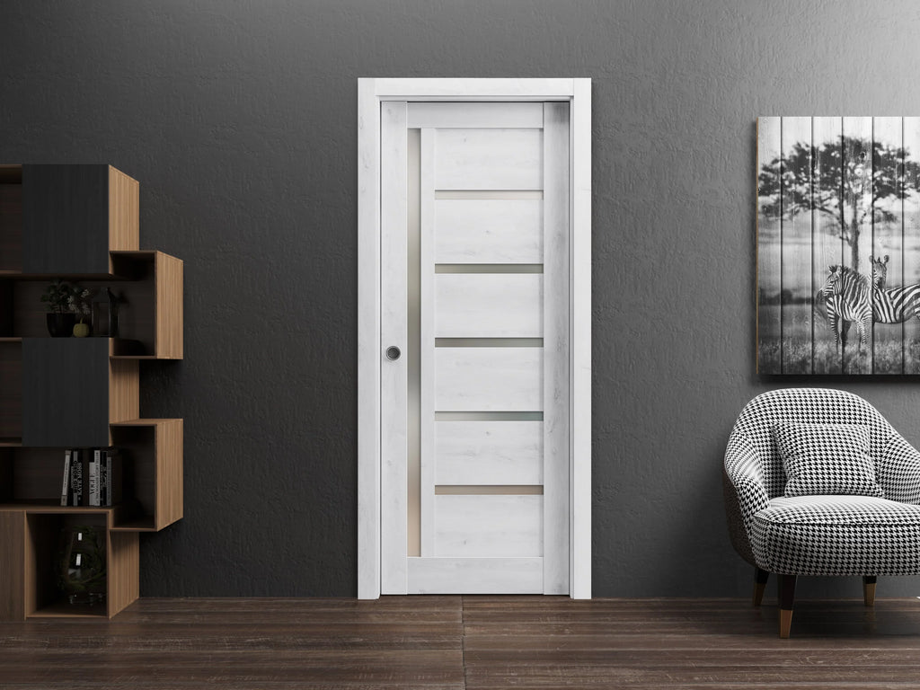 Nordic White Solid Wood Sliding French Pocket Door with Frosted Glass X95532