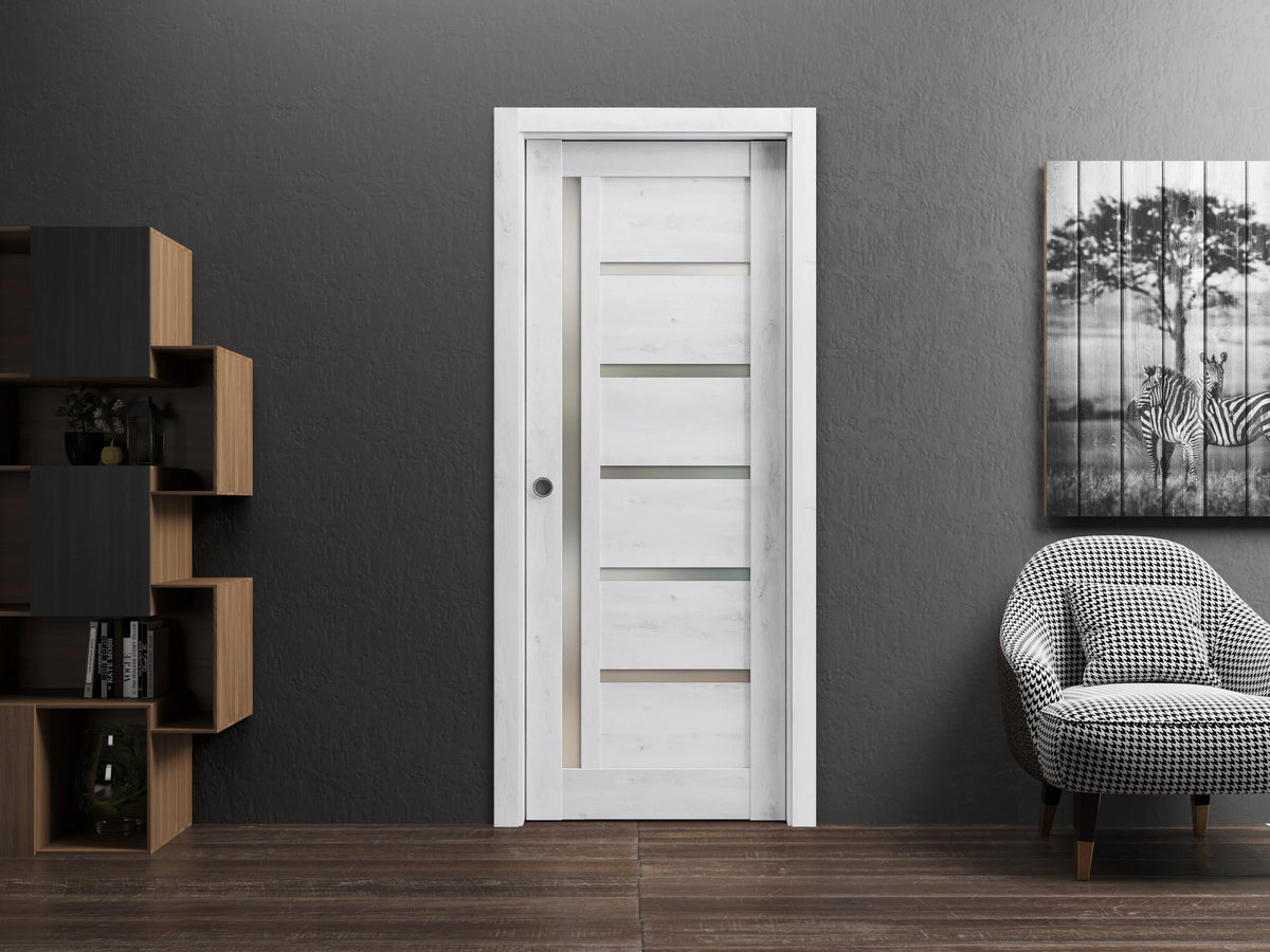 Nordic White Solid Wood Sliding French Pocket Door with Frosted Glass X95532