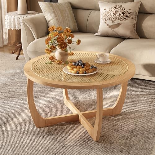 Round Wood Glass Rattan Coffee Table A1180