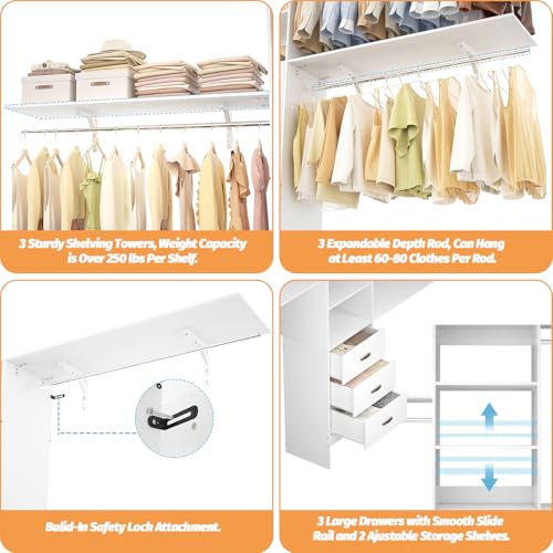 120 Inches Closet System with 3 Shelving Towers, Heavy Duty Clothes Rack with 3 Drawers, White Oak W164915