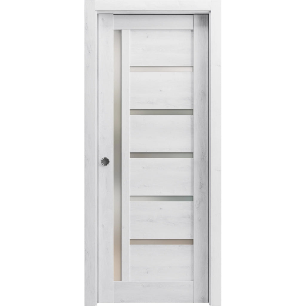 Nordic White Solid Wood Sliding French Pocket Door with Frosted Glass X95532
