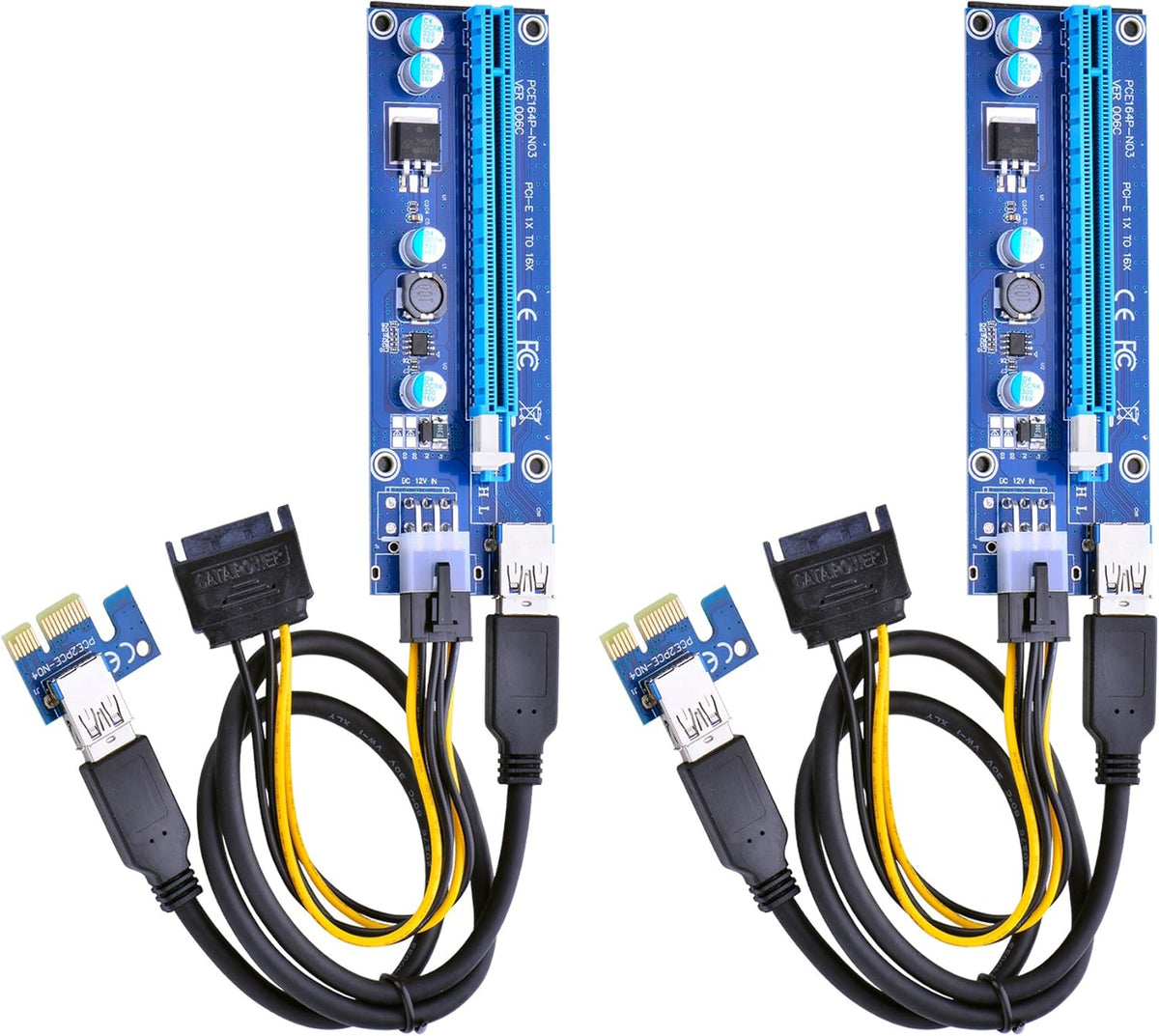 PCI Express 16x to 1x Powered Riser Adapter Card with 60cm USB 3.0 Extension Cable and 6-Pin PCI-E to SATA Power Cable (2 Pack 6 Pin) Y7120