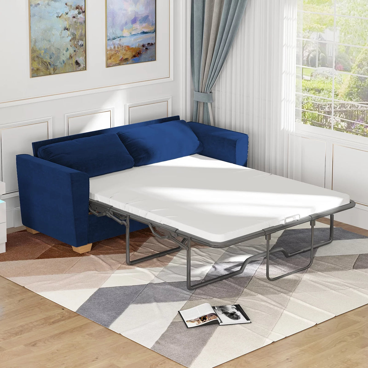 Blue Velvet Pull Out Sofa Bed with Foam Mattress O743
