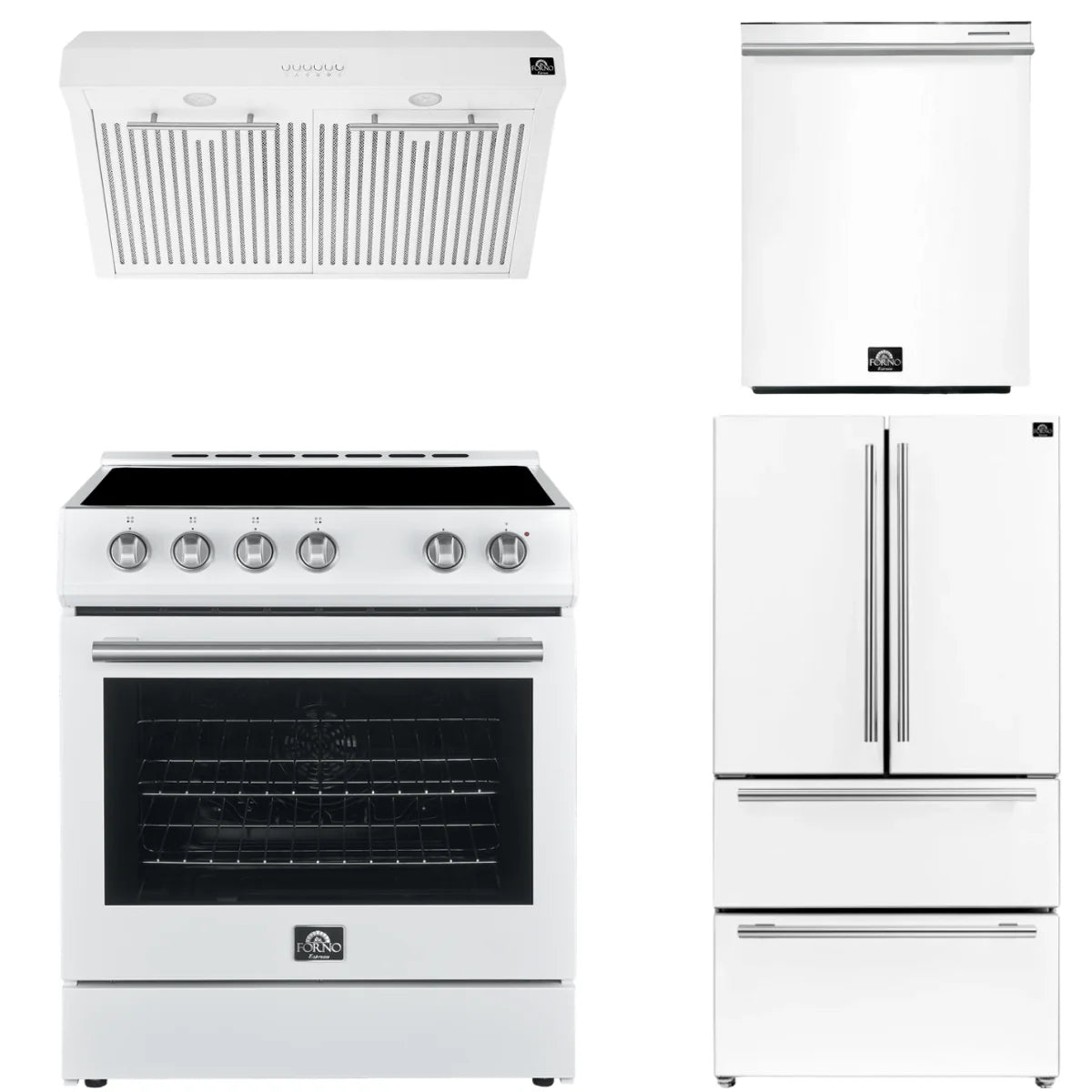 30 Electric Range, Range Hood, Refrigerator and Dishwasher in White Y82218