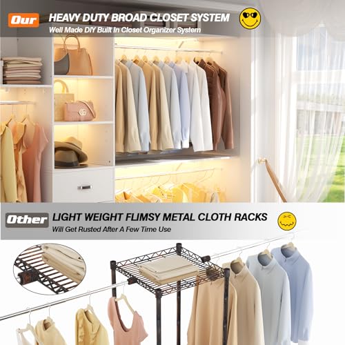120 Inches Closet System with 3 Shelving Towers, Heavy Duty Clothes Rack with 3 Drawers, White Oak W164915