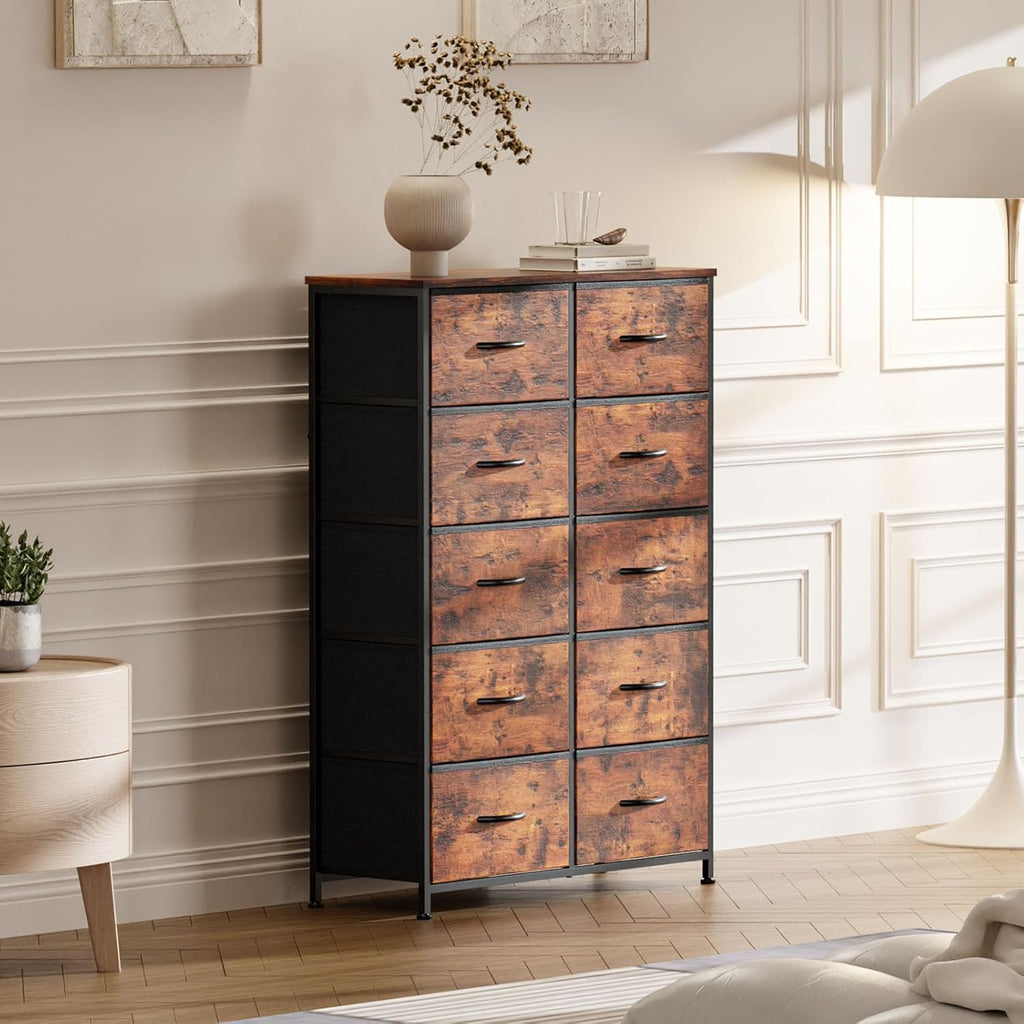 12 Drawers Fabric Dresser with Wood Top, Rustic Brown F165655