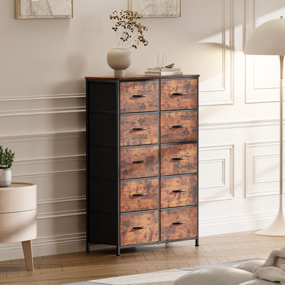 12 Drawers Fabric Dresser with Wood Top, Rustic Brown F165655