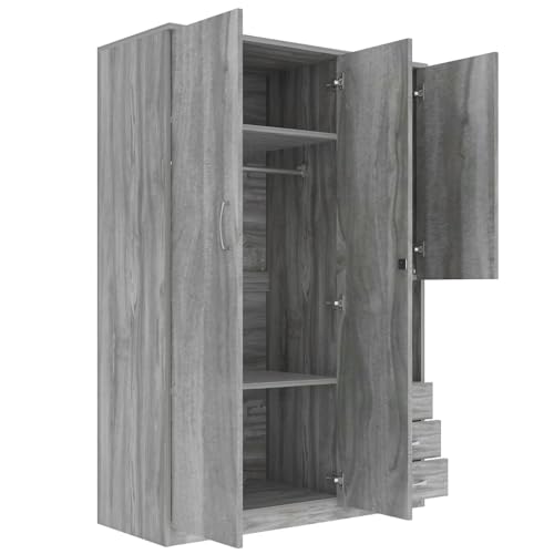 Grey Wooden Armoire Wardrobe with 6-Tier Shelves and 3 Drawers W85882