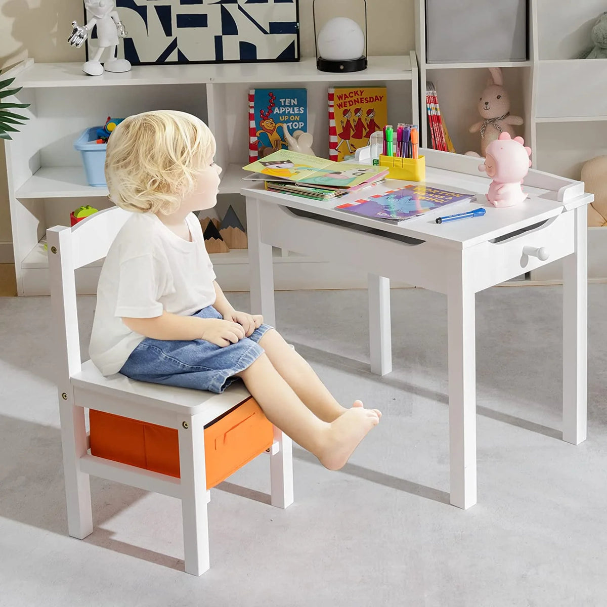 White Kids Table and Chair Set with Storage J433625
