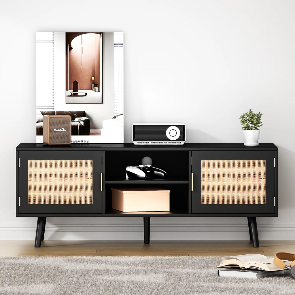 Farmhouse Wood TV Stand for 55 Inch TV with 2 Rattan Doors F270827