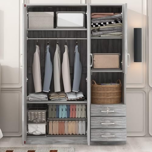 Grey Wooden Armoire Wardrobe with 6-Tier Shelves and 3 Drawers W85882